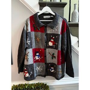 Victoria James Vintage Gray Patchwork Embroidered Christmas Cardigan sz 2X EUC